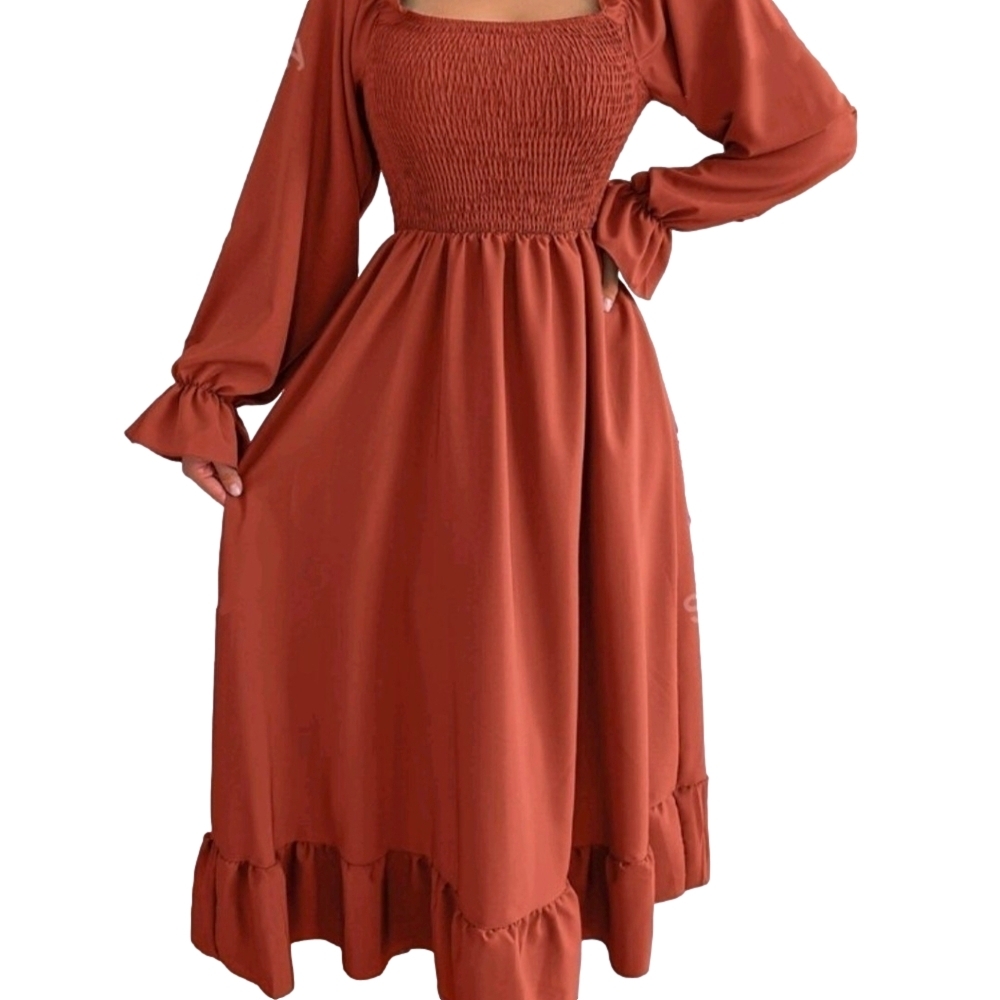 Fall Dress Square Neck Brown Terracotta Sheered Cold Weather Dresses Outfit - Picture 6 of 12